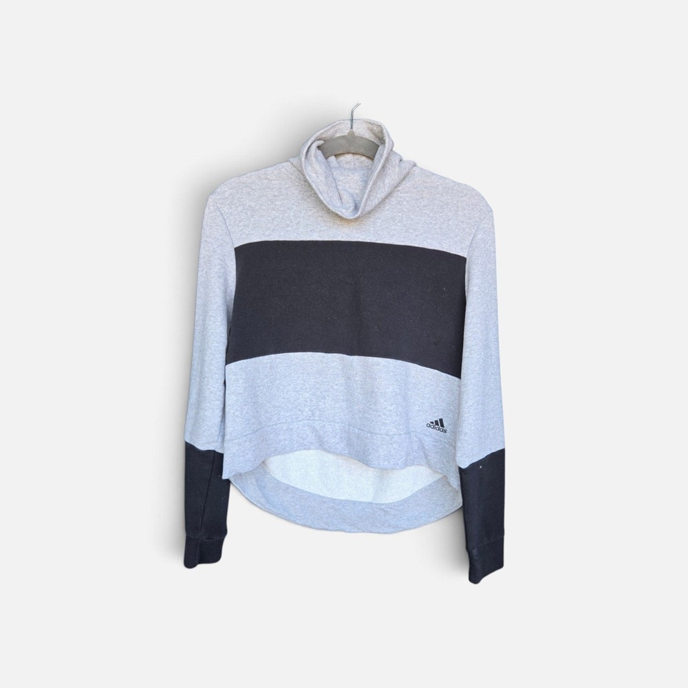 Adidas Womens Gray Black Colorblock Cowl Neck Pullover Sweatshirt Logo Tape M